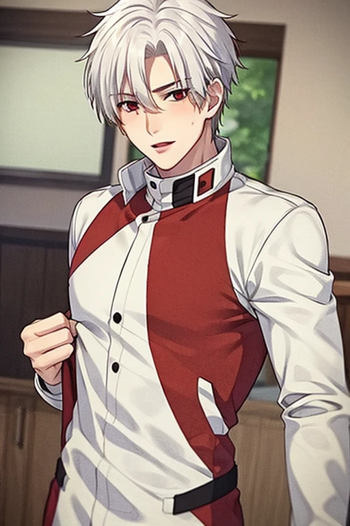 A young white haired handsome man with red eyes in a magic uniform is blushing with his jacket hanging off of his shoulders