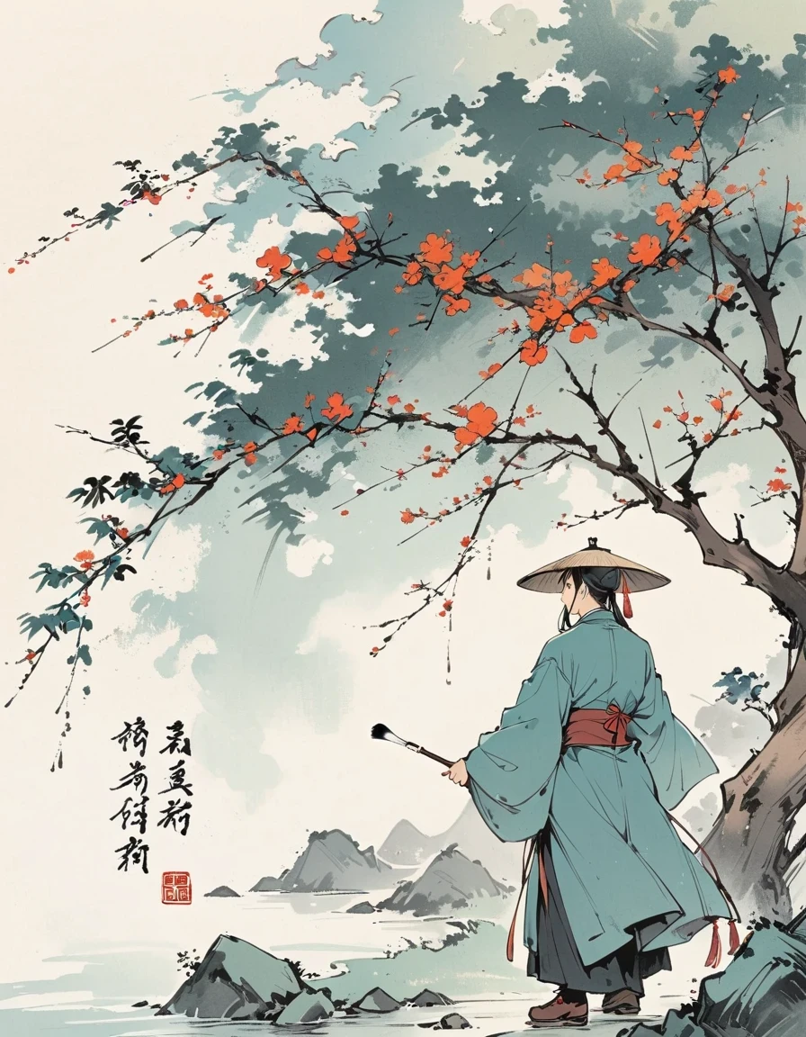 Close-up of a person standing in a field next to a tree, qi baishi style, inspired by Fu Baoshi, inspired by Qi Baishi, Inspired by Emperor Huizong of Song, Inspired by Chen Daofu, by Xia Gui, Chinese painting style, inspired by Cao Zhibai, Inspired by Border Guardians, Chinese writing brush pen illustration