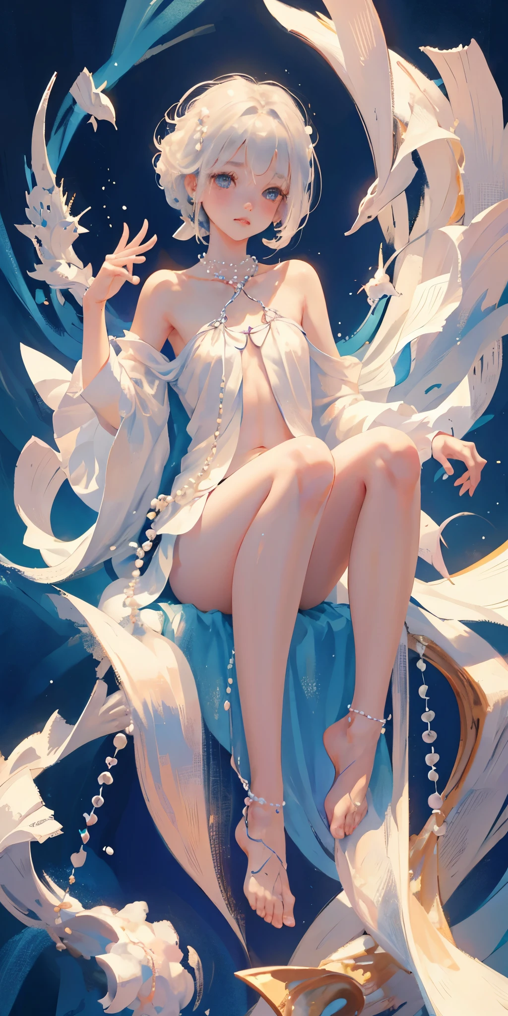 anime style beautiful naked young woman, 25 years old, naked pale skin, angelic face, curly red hair flowing in the wind, her flushed face has some freckles, she wears discreet earrings. Sculptural naked body with small naked breasts with hardened nipples, naked sitting with legs spread, perfect bare crotch is visible, and bare feet. The character is sitting on the edge of a hot tub full of water, looking shyly forward, detailed colonial decoration around