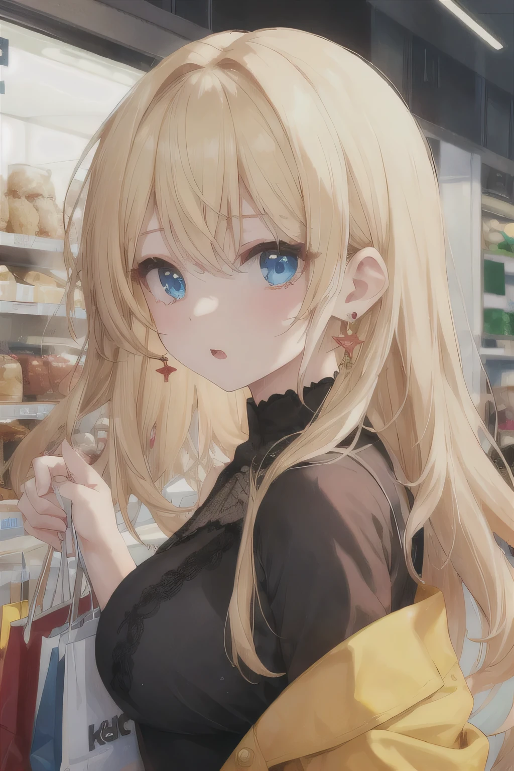 ((highest quality)), ((masterpiece)), (detailed), Perfect Face、blonde、Very surprised face、Earrings、Smooth Hair、Long Hair、E-cup bust.shopping、runrun、