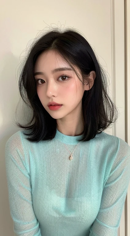 See-through tops、Long sleeve dress、Silky Hair、White wall、Taken in front of a white door、((highest quality、8k、masterpiece:1.3))、Ultra-high resolution、(photoGenuineistic:1.4)、RAW Photos、Japanese,(face)、Genuine、Photographed in natural light、Highly detailed face and skin texture、Highly detailed lips、The correct state of the human body、Medium Hair、Black Hair、Various poses、Natural color lip、bob hair