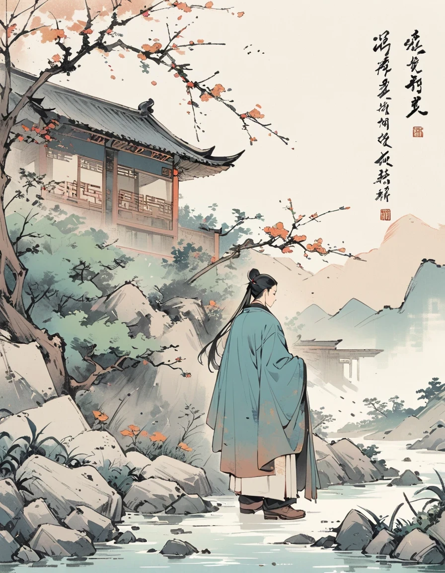 Close-up of a person standing in a field next to a tree, qi baishi style, inspired by Fu Baoshi, inspired by Qi Baishi, Inspired by Emperor Huizong of Song, Inspired by Chen Daofu, by Xia Gui, Chinese painting style, inspired by Cao Zhibai, Inspired by Border Guardians, Chinese writing brush pen illustration
