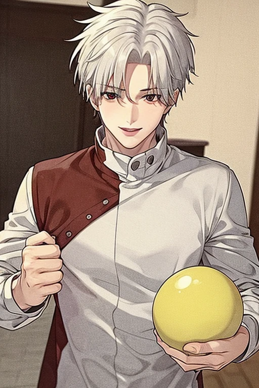 A young white haired handsome man with red eyes in a magic uniform is grinning playfully with a golden ball of energy in his hands