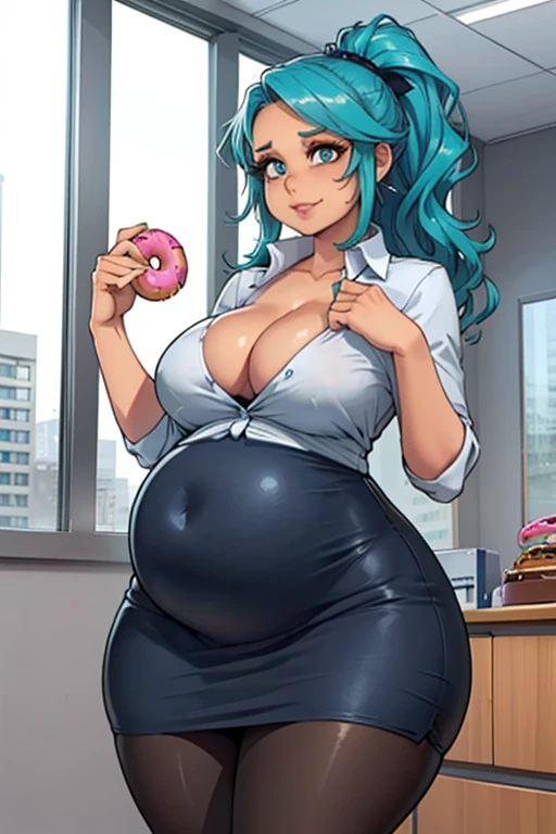 high_aesthetic, art by Kipteitei, 1girl, (aqua blue hair), long wavy hair, hair up, blue eyes, black pencil skirt, dress shirt, cleavage, (black pantyhose), happy expression, (skinny), (stuffed_belly), ((wide_hips)), (holding donut), fancy office background with lots of windows, (cowboy shot), (best quality, masterpiece)