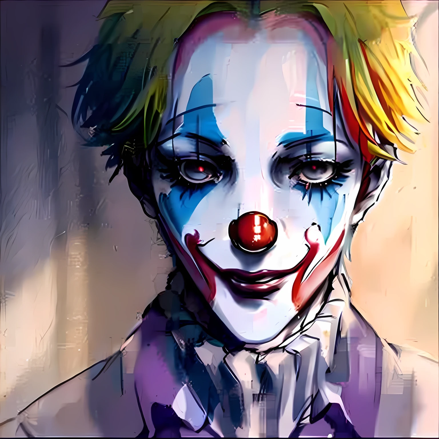 clown,there is a drawing of a clown with a red nose, joker looks like naruto, joker as naruto, cutecore clowncore, artgerm greg rutkowski _ greg, artgerm and james jean, portrait of a joker, artgerm comic, jester, portrait of joker, hisoka, drawn in the style of artgerm, loish |