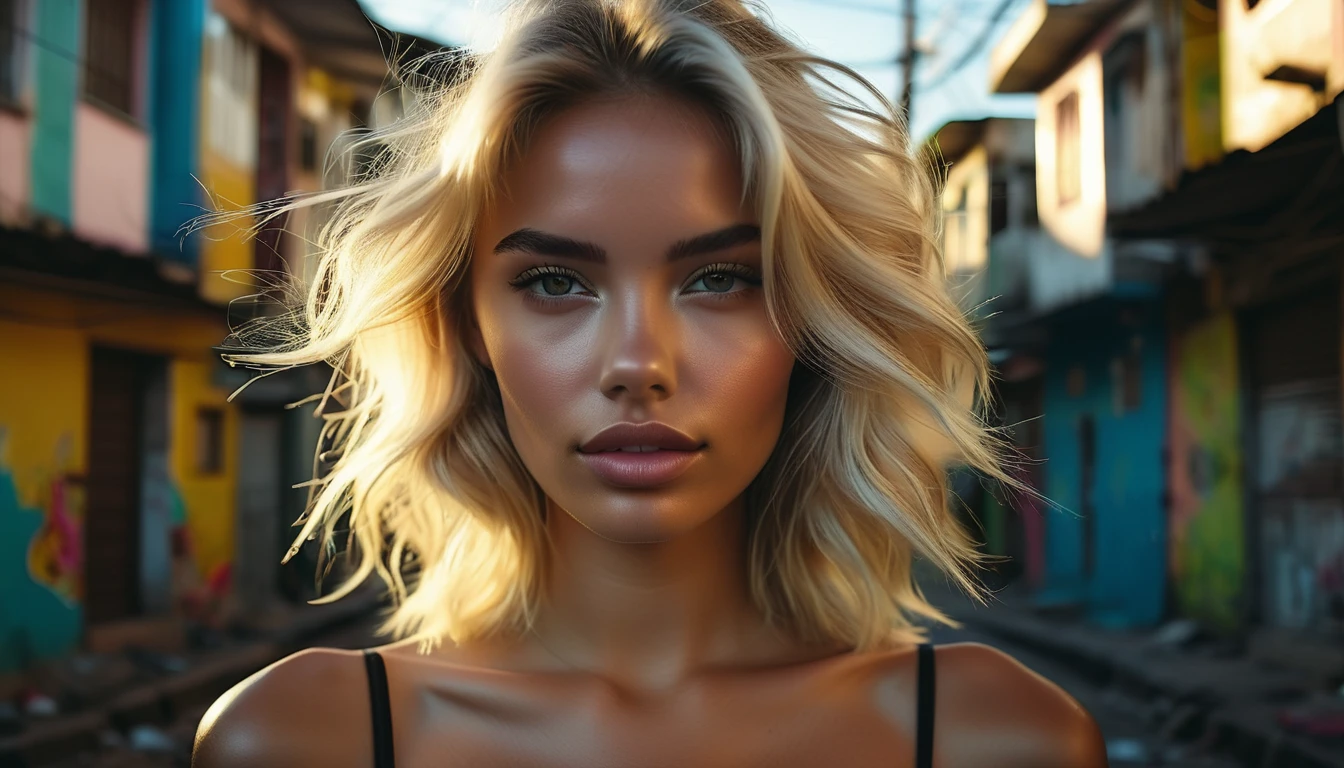 professional full length RAW photograph of a young blond woman lost in Brazilian favelas, charming symmetrical look, cute natural makeup, ((photorealistic)), hyperrealistic, lifelike, extremely high detail, sharp focus, modelshoot style, retro style, (cinematic lighting), volumetric light, high quality, (film grain), professionally color graded, highly detailed, UHD, DSLR, depth of field, Fujifilm XT3, f/2, 100mm, 8k