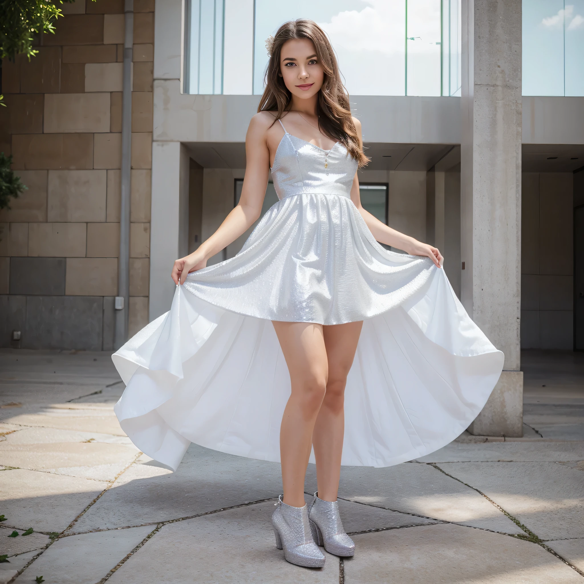 Generate a beautiful girl wearing a white faishonable, shining, glittery dress and shining footwear