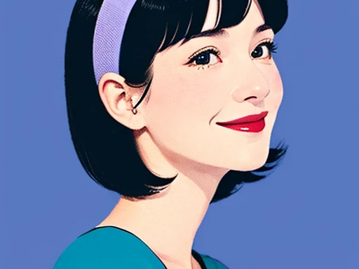 Blue headphone-like headgear,freckles,Blue clothes,Grey Eyes,Black Hair,Very Short Hair,smile,The background is outer space,Loose Shot,An illustration,Retro,intellectual,woman,