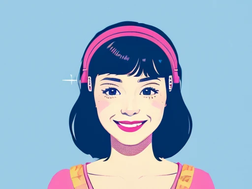 Blue headphone-like headgear,freckles,Blue clothes,Grey Eyes,Black Hair,Very Short Hair,smile,The background is outer space,Loose Shot,An illustration,Retro,intellectual,woman,