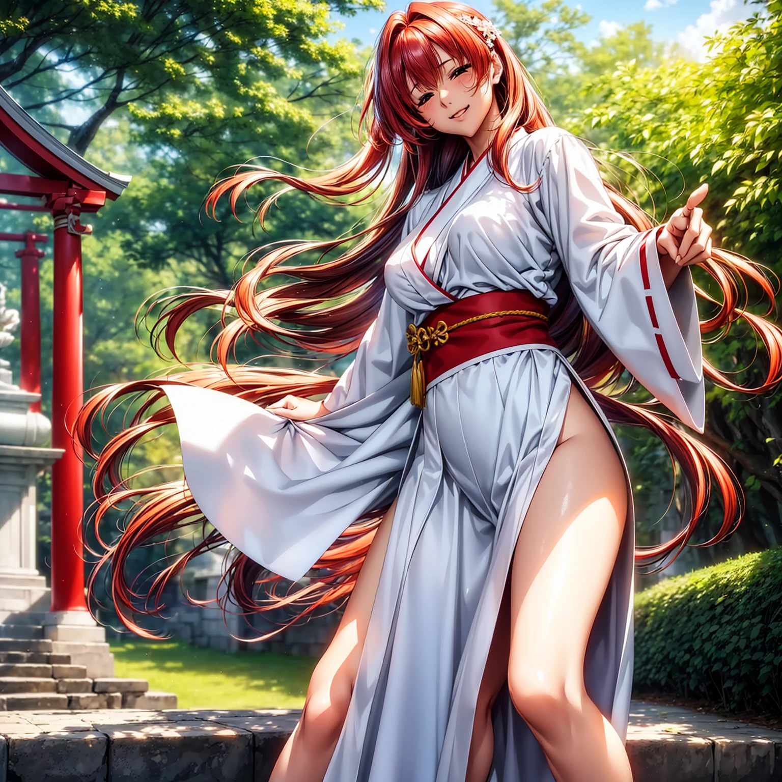 (((highest quality、masterpiece、Very high resolution、High-definition images)))、Beauty Painting、(One strong, beautiful woman:18-year-old、Beautiful body:Slender, beautiful breasts and beautiful legs、Beautiful Face:smile、eyes with strong will,Beautiful Hair)、best skin and hair texture,Realistic skin texture,realistic hair texture、(shrine maiden costume,Miko costume:White:scarlet hakama,Red hair tie)、Beautiful shrine、Beautiful pine tree、Beautiful sky、Natural light、Beautiful viewodel pose、Beautiful pose、Model shoot、Gravure photoshoot、(((The wind is blowing))),Accurate Images:1.5、Accurate anatomy:1.5、Flawless images、Perfect image、Overall image、(Best Shot、Raw photo、Photorealistic)1