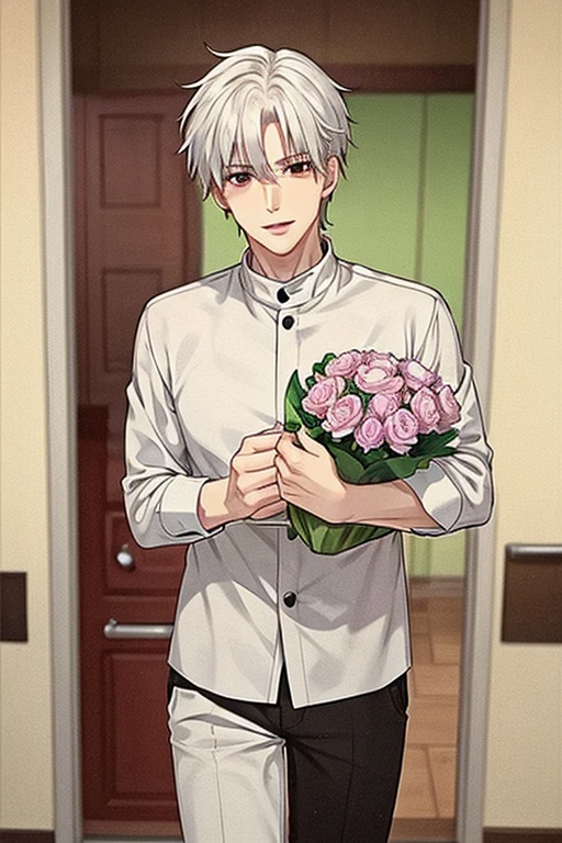 A young white haired handsome man with red eyes in a magic uniform is holding a bouquet of peonies outside a door