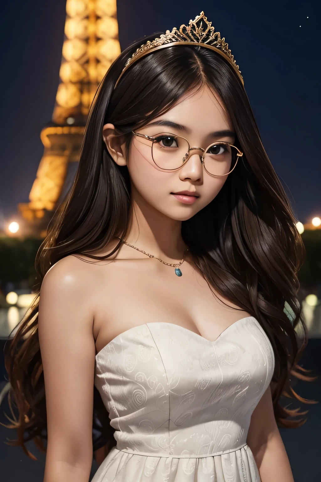 solo photo detailed face of half body photo. 25 year old Indonesian girl with a sweet face, big round face and long brown wavy hair, round glasses wearing a long white sleeveless strapless dress with a beautiful and sexy pattern, and wearing a diamond crown, standing against the background of the Eiffel tower at night with beautiful lights