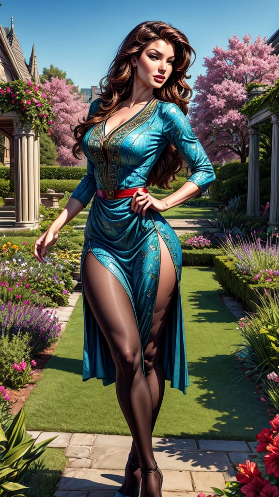 Best Quality, 4K, masterpiece, very sharp image,extremely beautiful woman,pinup,highly detailed beautiful face,big eyelahes,minimum waist,maxi slit dress, tights,long hair,excellent sense,(((one person))),highly detailed body,florish garden in the background