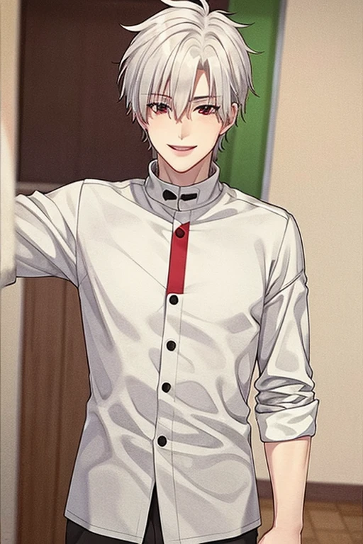 A young white haired handsome man with red eyes in a magic uniform is smiling with a wink