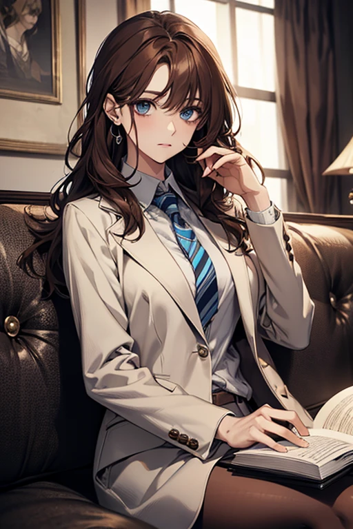(Confused, High resolution, Very detailed), 1 female, Adult,beautiful, Bright Blue Eyes, brown hair, Wavy medium hair,suit,tie,secretary,Adult woman,30th generation,quiet,thin,pale,thin,suit,Reading a book on the couch,