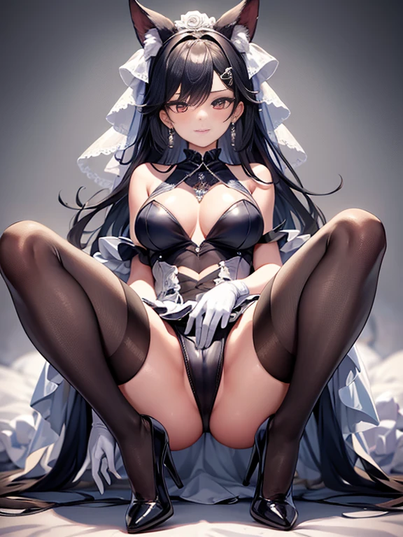 "A girl with carefully applied smoky makeup in the style of a two-dimensional drawing, Coiled hair, hair accessory, Earrings. Her eyeshadow is shiny, Her eyes are shining, And there's a sweet smile on the corner of her mouth. wearing a wedding dress, gloves and white pantyhose, high heels on her feet. She crouches in an unfamiliar landscape, Spread your legs, And wait for the next stage to be perfectly presented.. "