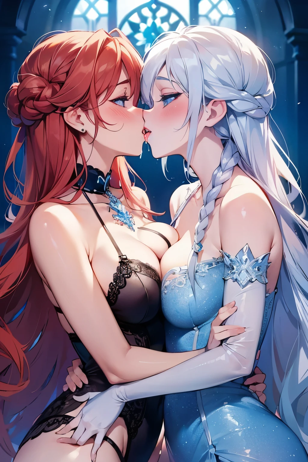 masterpiece, stunning, Elsa and Anna from frozen (tongue kissing 1.7) eachothers in lingerie, drooling kisses with a lot of saliva, (NSFW 2), ECCHI, HENTAI