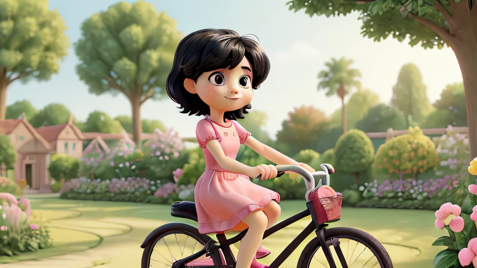  with short black hair, wearing a  pink dress and riding a bicycle in a beautiful garden. 