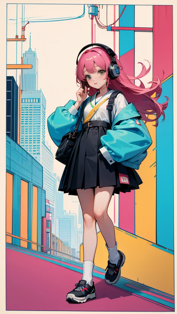 (masterpiece), (highest quality:1.4), (Ultra-high resolution:1.2),  Highly detailed background, (unity 8k wallpaper), Cute high school girl wearing headphones walking through the streets of Tokyo。Illustrations inspired by city pop culture、、Wear loose socks for a stylish and nostalgic look、Display one subject without splitting the screen