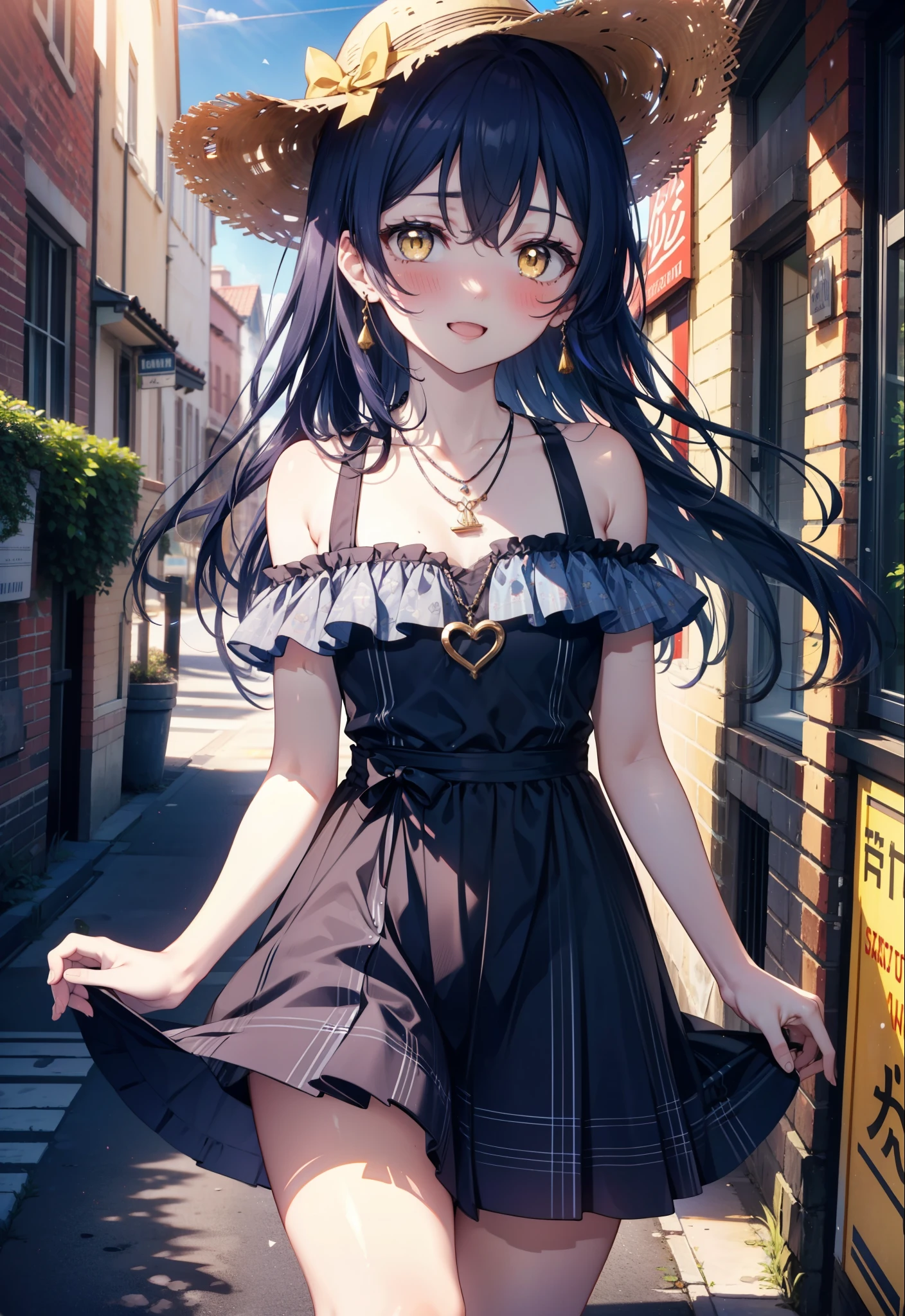 you are so kind, umi sonoda, Long Hair, Blue Hair, (Yellow Eyes:1.5) (Flat Chest:1.2),smile,blush,Open your mouth,Straw hat,Blue long skirt one-piece dress,Cute Sandals,Bare shoulders,Bare arms,bare clavicle,Bare neck,Heart Necklace,Clear skies,Daytime,Light of the sun,City Street,whole bodyがイラストに入るように,
break looking at viewer,whole body, (Cowboy Shot:1. 5)
break outdoors, In town,Building district, 
break (masterpiece:1.2), highest quality, High resolution, unity 8k wallpaper, (figure:0.8), (Beautiful fine details:1.6), Highly detailed face, Perfect lighting, Highly detailed CG, (Perfect hands, Perfect Anatomy),