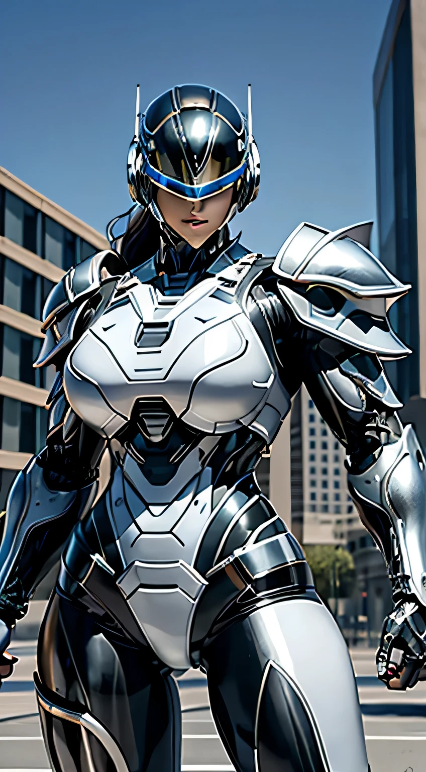 Female Robocop Solo、bright outdoors、strong light source、8K, high quality, masterpiece, 最high quality、very detailed、Armor that completely covers the whole body、very large armor、Helmet covering the head、clear pictures、Eyes hidden by thin straight goggles:1.3、The lower half of the face is raw:1.5、The lower half of the face is exposed、Luscious lips、Black metallic armor with white lines、Armor that completely covers the chest、Long, slender legs、Vibrant posel body view,Big and ample breasts:1.5, (Sports Body:1.5)、Five Fingers、Photos in the city