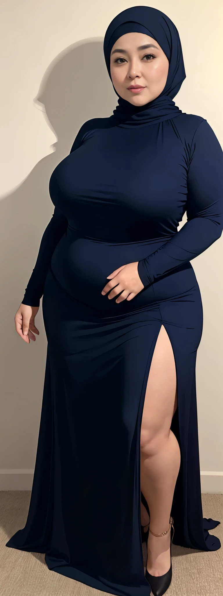 Chubby woman with fat belly and tight thighs, full body, 50-year-old mature woman, thick hips, thick neck, thick chest, big eyes, wearing a longest dress, wearing a hijab, hijabi woman, minako komukai