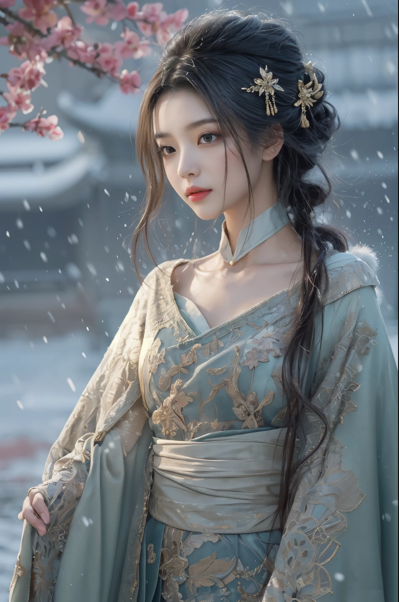 best quality, masterpiece, high resolution,8k,(Realistically:1.4),超high resolution,1 girl,(Black transparent, Lace),(Ultra-realistic skin maps), Ultra Detailed, Surreal, Highly detailed CG illustrations, official art, Movie Lighting, Practical, Young beautiful girl, Perfect body, Perfect body, Full view, Perfect body,enjoy expression,(Start from below:1.3), Sexy pose, Sexy long legs, confidence, Beautiful and sexy, (Gorgeous Chinese Hanfu,cropped shoulder,S-Shape Pose, blush, Chapped lips, View Viewer , half body shot , (fur-edged cloak) ,(Chinese pavilions),It snowed heavily,The ground is covered with snow,