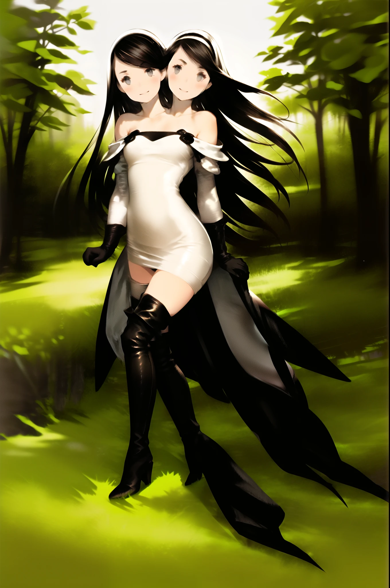 (2heads:1.5), yoshida akihiko, 1girl, agnes oblige, arm support, bangs, black eyes, black gloves, black hair, black thighhighs, boots, dress, forest, gloves, hairband, hand on own chest, leg up, long hair, nature, smile, solo, swept bangs, thigh boots, thighhighs, white dress , bravely default: flying fairy, bravely default \(series\),