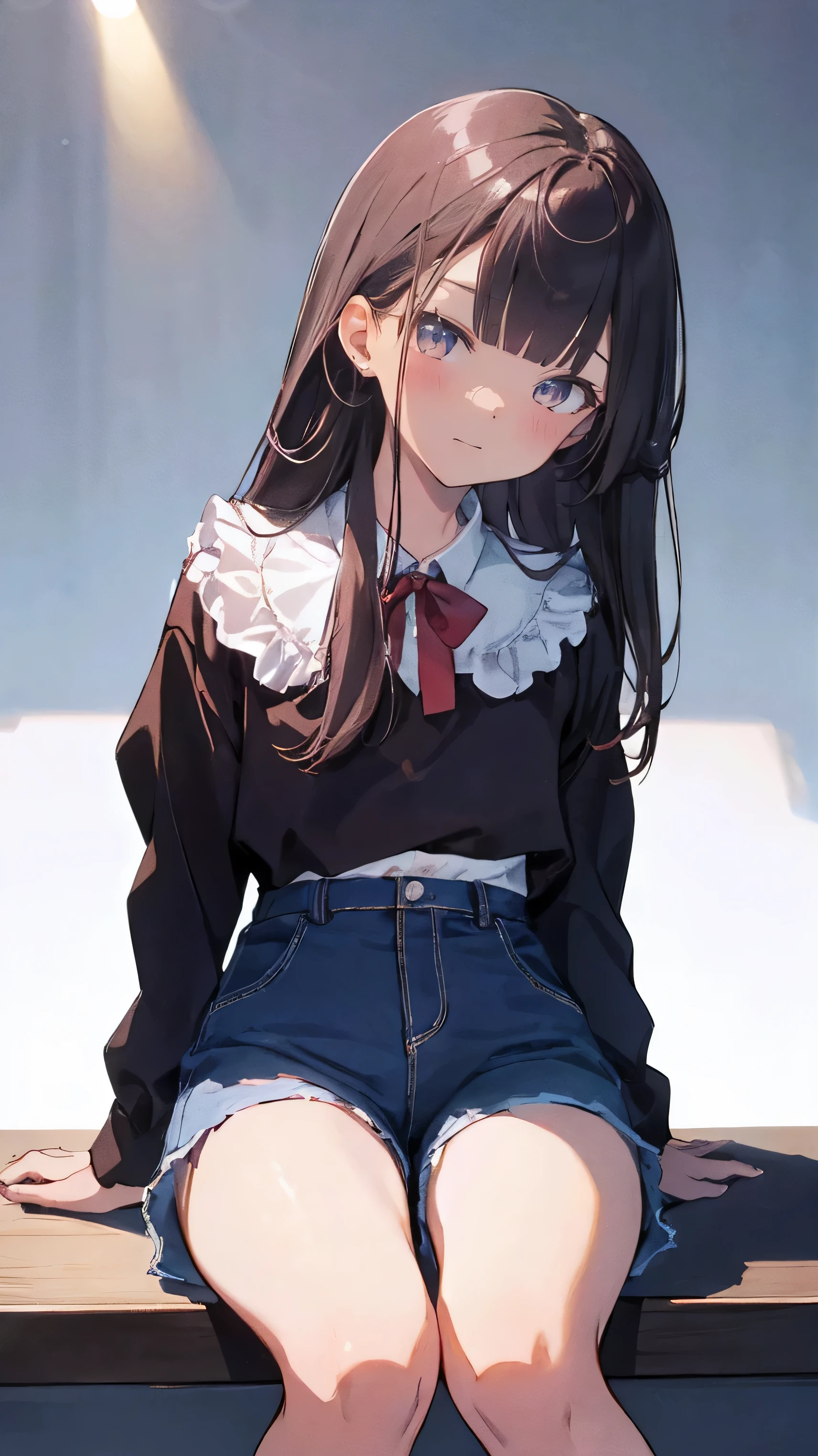 master piece、Highest image quality、highest quality、 ((panic))、glossy hair quality、small face、sitting、Super detailed and beautiful bright eyes、Super detailed clear and beautiful face、(cute illustration:1.2), High-resolution, ultra-detailed, best quality, embarrassed、(Gaps in shorts).(You can see her cute underwear through the gap)、