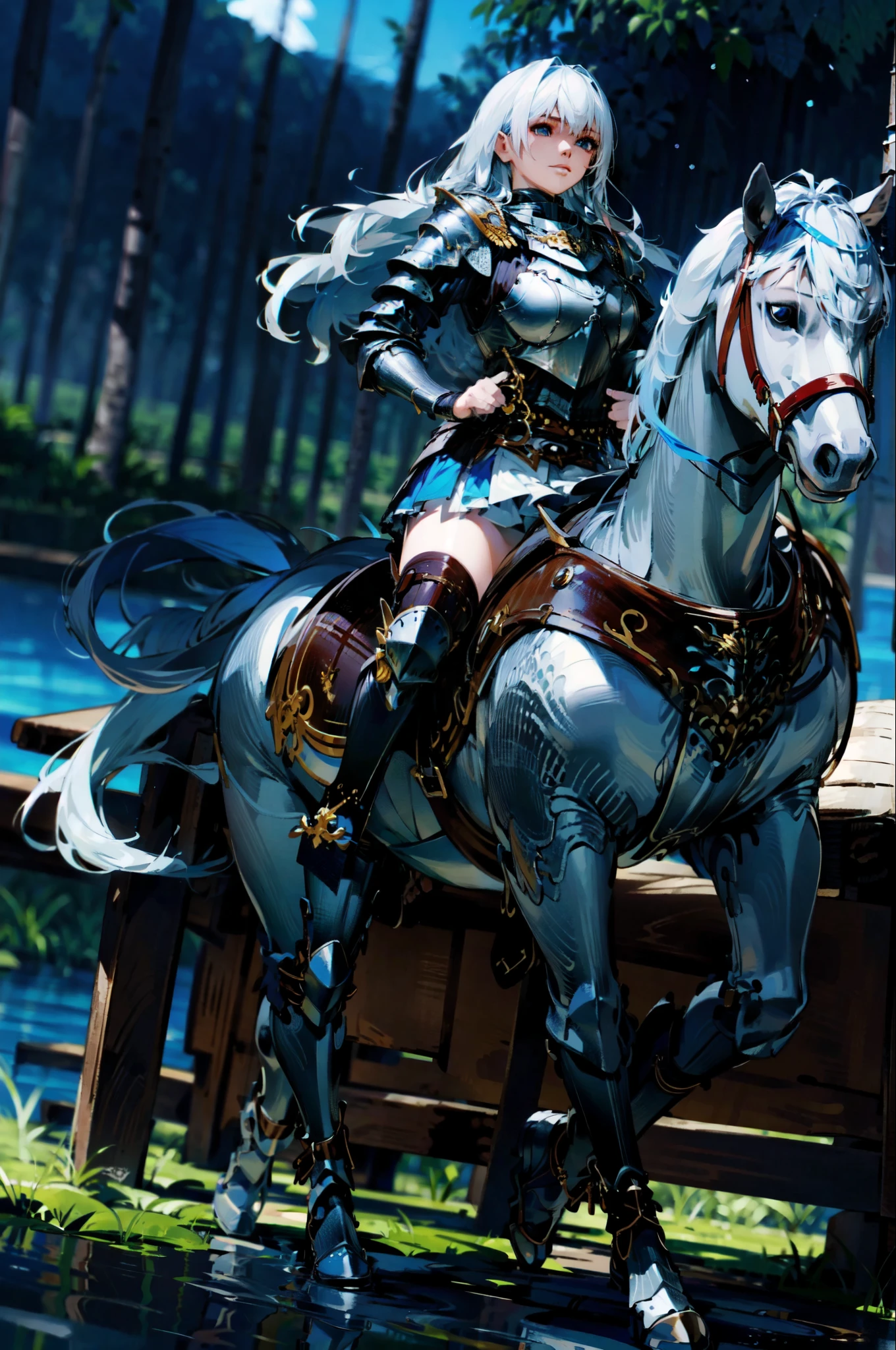 4k, masterpiece, solo, realistic, best quality, anime style, cinematic lighting, cinematic color, long hair, straight hair, {black hair}, dark blue eyes, large breast, riding on a running WHITE HORSE, BREAK, (white horse: 1.0, {white hair}, bridle, saddle, stir ups, reins: 1.2), swamp lands, wet, (breastplate armor, blue miniskirt, blue boots), anatomically correct
