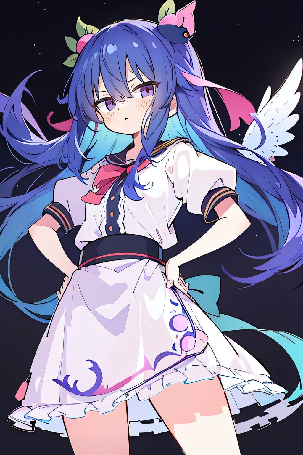 (masterpiece),best quality, expressive eyes, perfect face, 1girl,
Hands on waist,fair, Gorgeous,Japanese cartoons,girl,Lola,Hina Angel, Blue Hair, Blue Haired, floating clothes,Grab your waist, Grab your waist, Hands on Hips , Hands on Hips,flat chest,night,