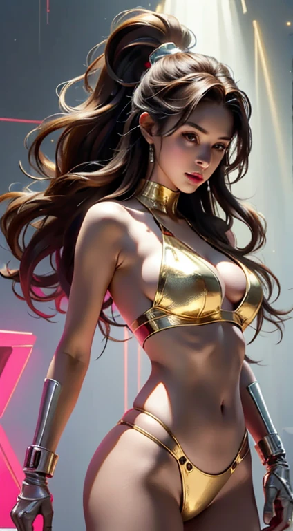 Virtual image,Realistic picture 8k,hips up,Masterpiece,Highest quality,Maximum details,Perfect Anatomy,Complete dynamic composition,Comfortable light,Light hits from the side.,young woman wearing brown hair,alone,Cybernetics,complex machinery,Metallic white and red machines_gold,The machine has a large neon light on its chest.,Red and white bikini body,In the morning.