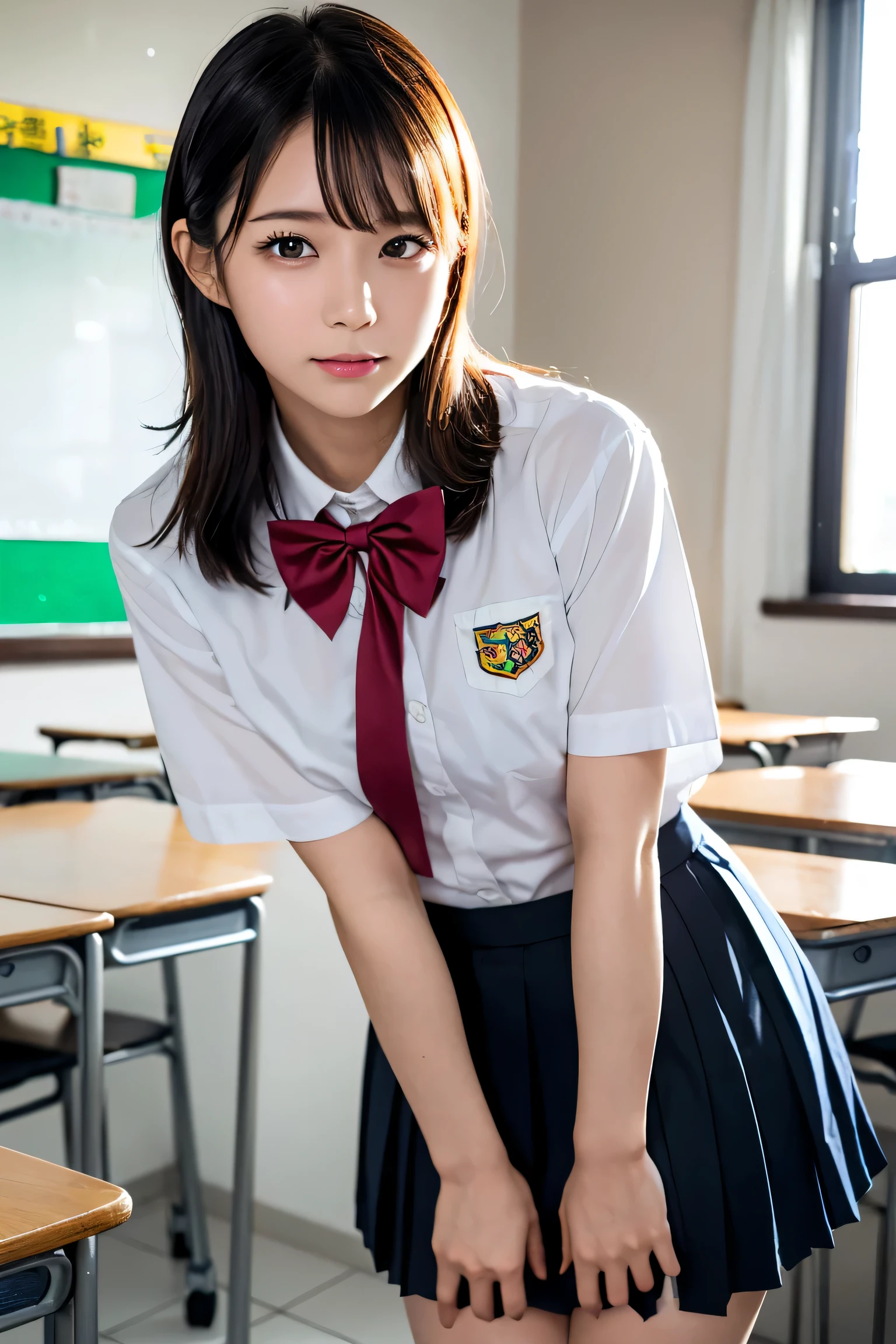 masutepiece, Best Quality, japanaese girl,1girl in, 8K, Raw photo, top-notch quality, masutepiece, nffsw:1.2, exceptionally detailed RAW color photo, professional-grade photograph, (Realistic, Photorealistic:1.37), (highly detailedskin:1.2), Ultra-high resolution, (lenz 50mm), (F/1.2),Exquisitely Detailed Eyes,Staring at the viewer,
break
With 1 girl (There are many elderly people:1.4), Beautiful face, kawaii,(Smile:1.05),(20yr old, wide-hips,Straight hair, (Short hair), Black eyes, white fine skin,small mouth, high cheekbones (Definition), Sexy Pose,(Leaning forward:1.3),(The to the FW:1.1),White panties、Korean Idol、Nogizaka Idol、hposing Gravure Idol、Adults、actresasutepiece, top-quality:1.3), (Ultra detailed 8K cg:1.2), (hyper realisitic:1.35), (Photorealistic:1.45), (Realistic:1.4), Cowboy Shot,
1 beautiful Japanese girl, 22 years old, super model, Japanese Idol, , (sitting on the desk:1.1), (School uniform:1.4), (Skirt lift:1.6),
(School classroom background:1.1),