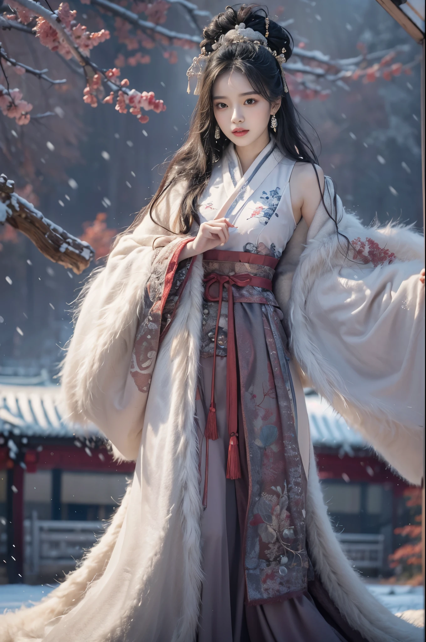 best quality, masterpiece, high resolution,8k,(Realistically:1.4),超high resolution,1 girl,(Black transparent, Lace),(Ultra-realistic skin maps), Ultra Detailed, Surreal, Highly detailed CG illustrations, official art, Movie Lighting, Practical, Young beautiful girl, Perfect body, Perfect body, Full view, Perfect body,enjoy expression,(Start from below:1.3), Sexy pose, Sexy long legs, confidence, Beautiful and sexy, (Gorgeous Chinese Hanfu,cropped shoulder,S-Shape Pose, blush, Chapped lips, View Viewer , half body shot , (fur-edged cloak) ,(Chinese pavilions),It snowed heavily,The ground is covered with snow,