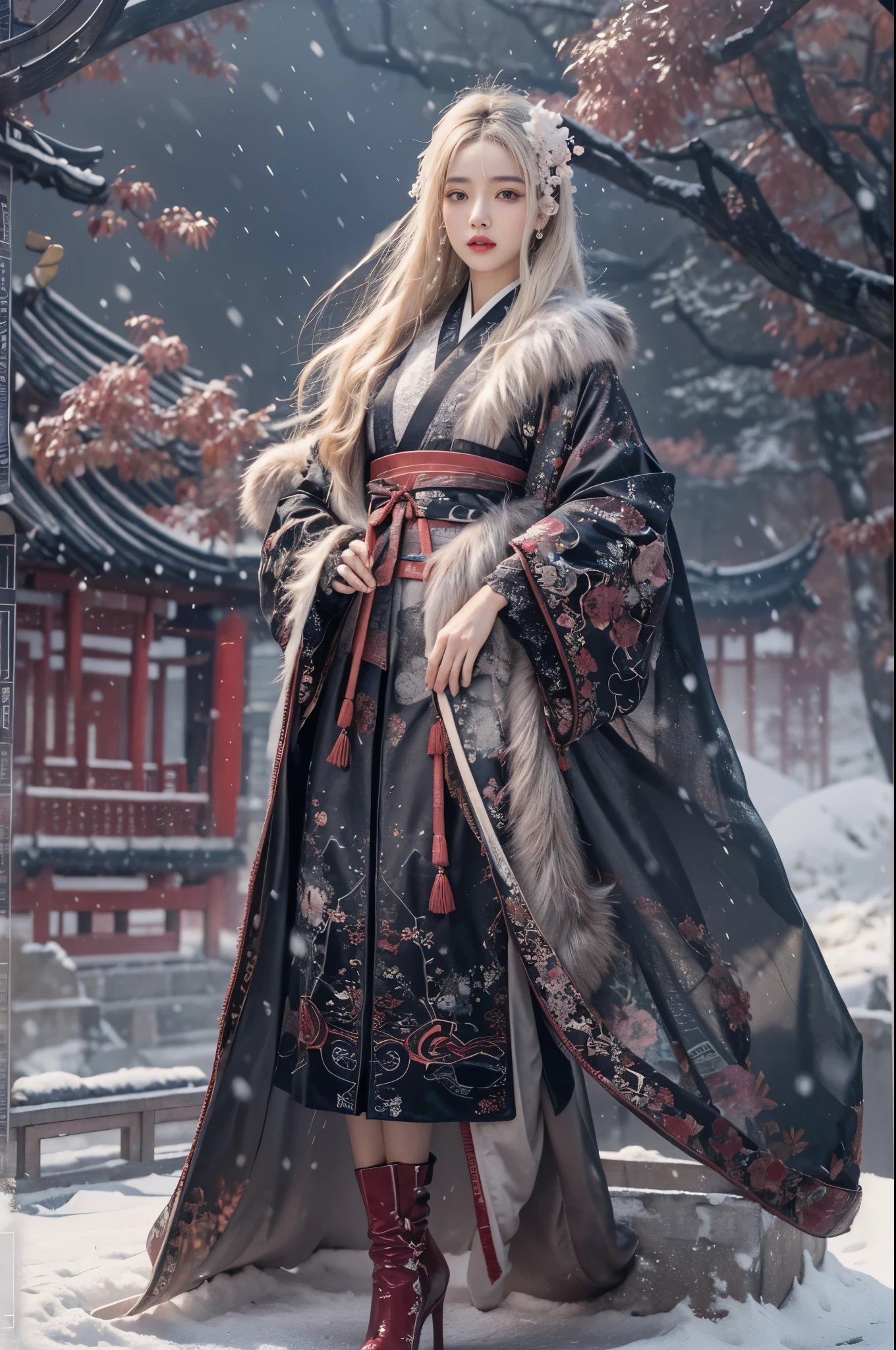 best quality， masterpiece， high resolution，8k，（Realistically：1.4），超high resolution，1 girl，(Black transparent， Lace)，(Ultra-realistic skin maps)， Ultra Detailed， Surreal， Highly detailed CG illustrations， official art， Movie Lighting， Practical， Young beautiful girl， Perfect body， Perfect body， Full view， Perfect body，enjoy expression，（Start from below：1.3）， Sexy pose， Sexy long legs， confidence， Beautiful and sexy， (Gorgeous Chinese Hanfu，cropped shoulder，S-Shape Pose， blush， Chapped lips， View Viewer ， half body shot ， (fur-edged cloak) ，(Chinese pavilions)，It snowed heavily，The ground is covered with snow，