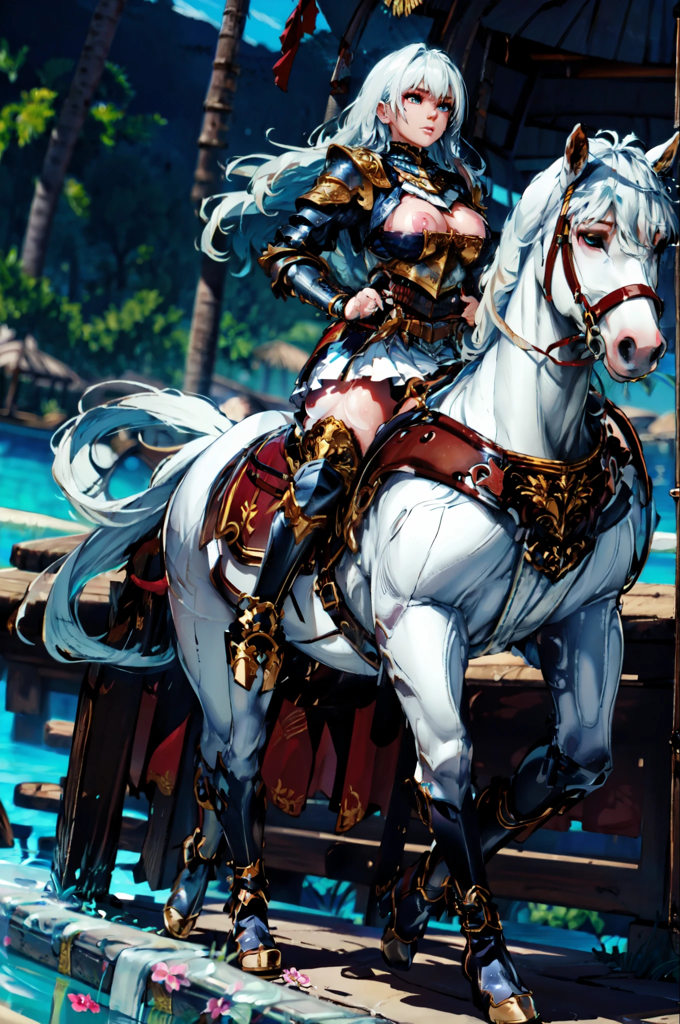 4k, masterpiece, solo, realistic, best quality, anime style, cinematic lighting, cinematic color, long hair, straight hair, {black hair}, dark blue eyes, large breast, riding on a running WHITE HORSE, BREAK, (white horse: 1.0, {white hair}, bridle, saddle, stir ups, reins: 1.2), swamp lands, wet, (breastplate armor, blue miniskirt, blue boots), anatomically correct
