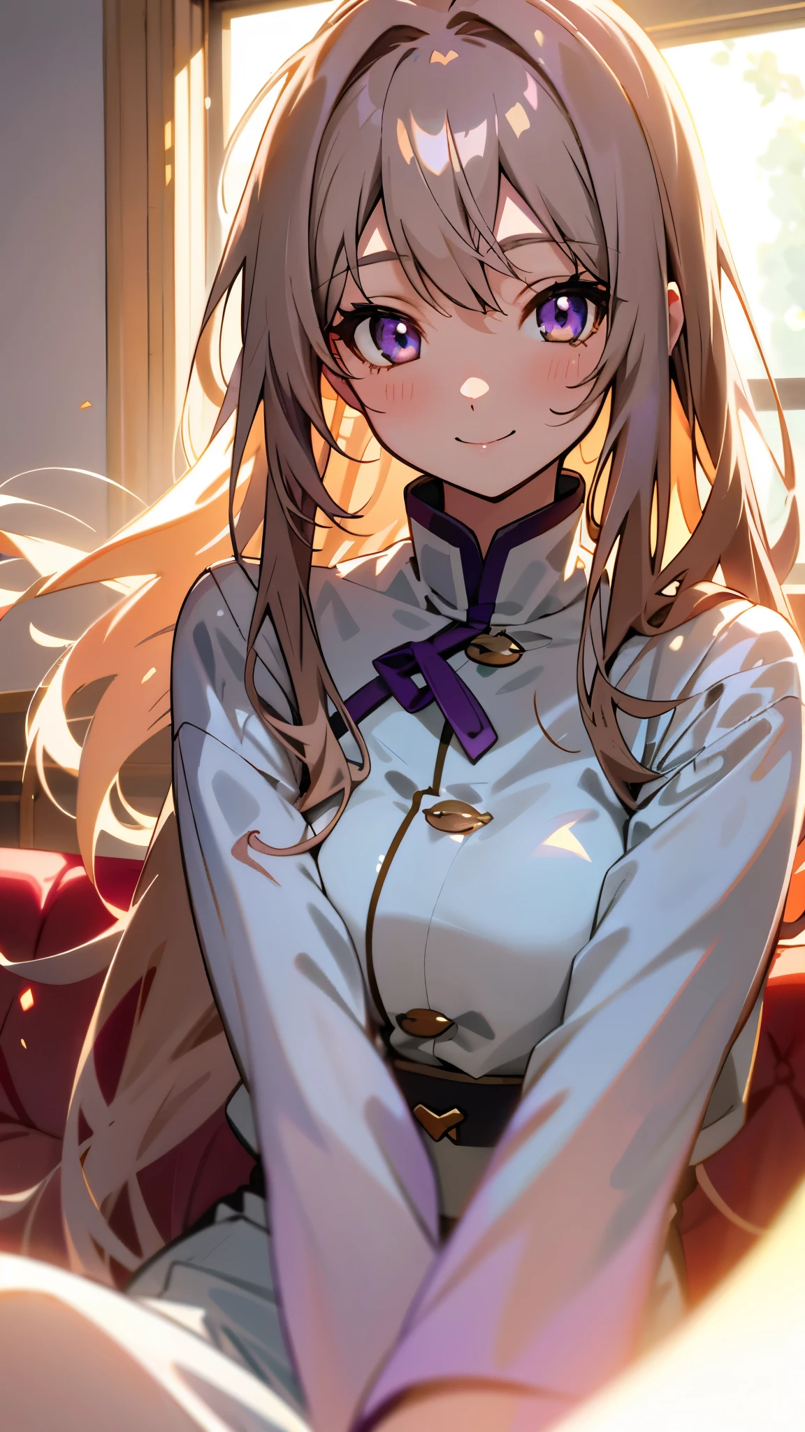 1 girl、Anime Style、美しい light brown hair、beautiful purple beautiful eyes、Long Hair、Transparent Hair、Translucent hair、smile、A strong expression of joy、Upper body close-up、Western-style room、sofa、morning、Lens flare、Shiny, Glowing Skin