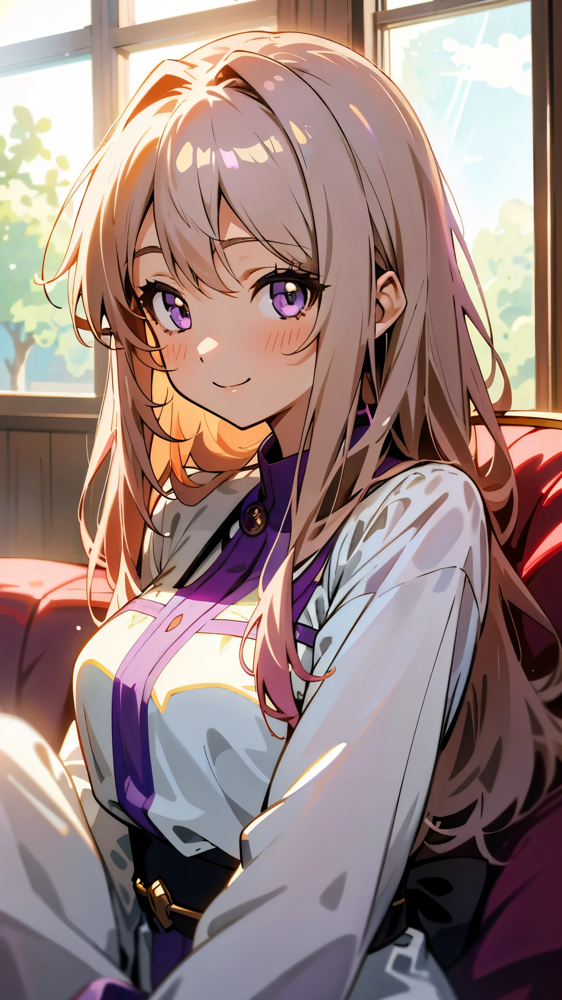 1 girl、Anime Style、美しい light brown hair、beautiful purple beautiful eyes、Long Hair、Transparent Hair、Translucent hair、smile、A strong expression of joy、Upper body close-up、Western-style room、sofa、morning、Lens flare、Shiny, Glowing Skin