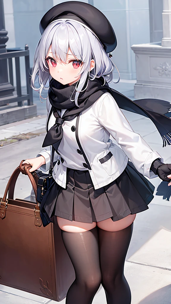 (masterpiece、highest quality)、High resolution、Detailed face:1.2、anime(1.2)、bird&#39;s eye view、 Sharpness、14 years old、Second dimension beautiful girl、Sharpness、4K、One girl standing、White skin、cute、Red Eyes、Small breasts、、Confused eyes、Looking up、White Breath、cold、Innocent eyes、Expressionless、Large beret、Sailor suit、Poncho coat、Scarf、woolen gloves、Bag on your back、full bang、Gray Hair、Thighs、Pleated skirt、Absolute area、Ultra mini skirt、Black thigh-high socks、Black knee-high socks、winter、Outdoor