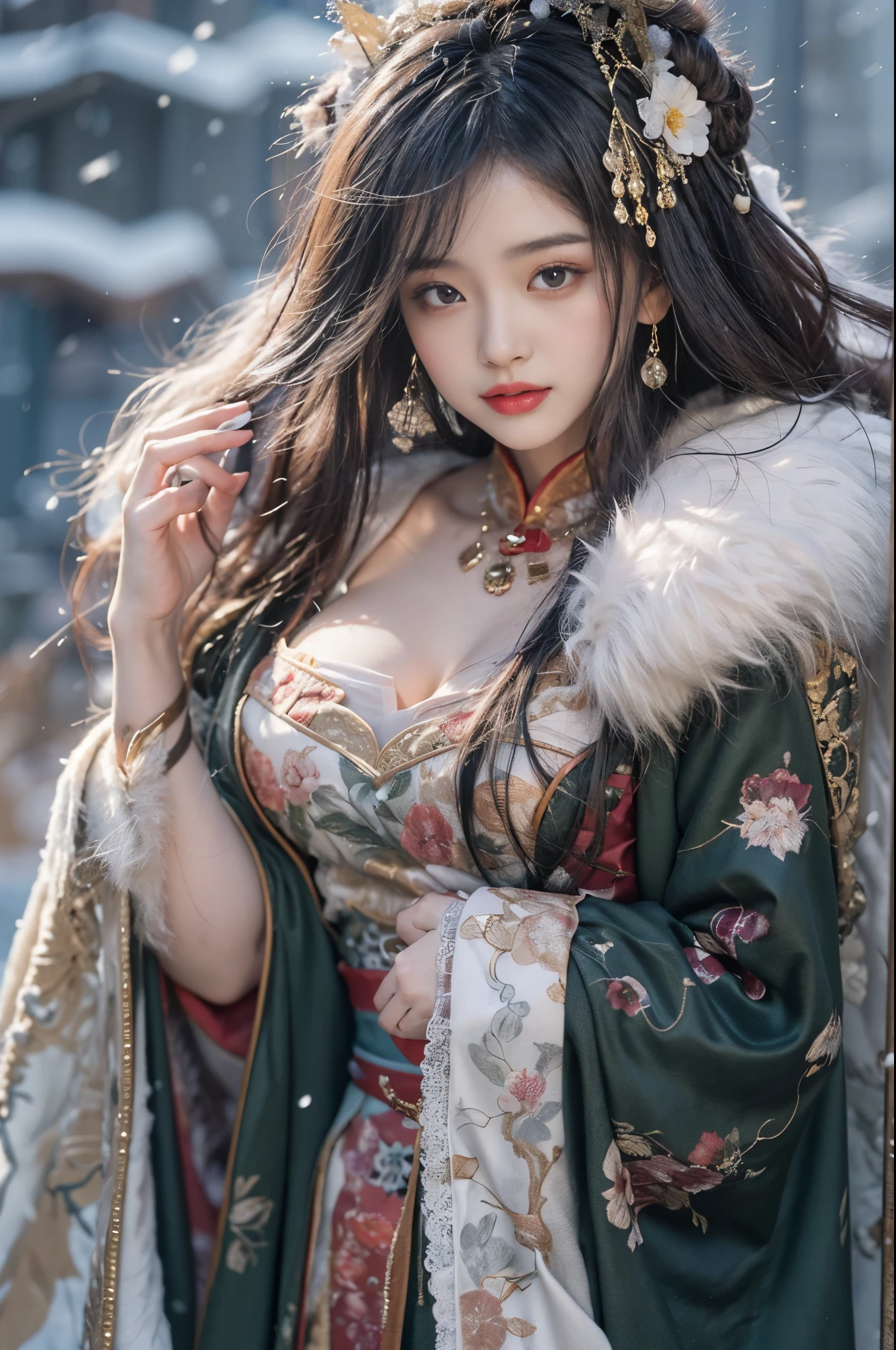 best quality, masterpiece, high resolution,8k,(Realistically:1.4),超high resolution,1 girl,(Black transparent, Lace),(Ultra-realistic skin maps), Ultra Detailed, Surreal, Highly detailed CG illustrations, official art, Movie Lighting, Practical, Young beautiful girl, Perfect body, Perfect body, Full view, Perfect body,enjoy expression,(Start from below:1.3), Sexy pose, Sexy long legs, confidence, Beautiful and sexy, (Gorgeous Chinese Hanfu,cropped shoulder,S-Shape Pose, blush, Chapped lips, View Viewer , half body shot , (fur-edged cloak) ,(Chinese pavilions),It snowed heavily,The ground is covered with snow,