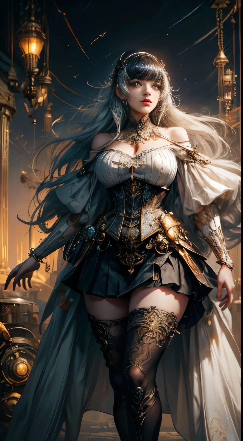 Wizard girl.
(((masterpiece, best quality, raw photo, photorealistic, depth of field, ultra detailed, detailed face, very precise eyes))), Dynamic Action Pose, Invoke Magic, Mechanical Magic Weapons, very slender long legs, lace stockings on the knee, steampunk headgear, fluttering lace flared mini skirt, off-shoulder fashion with a fusion of detailed and intricate steampunk and detailed gothic ta, upward and beautiful small breasts, Clean long silver hair, long vertical curly hair, wind driven, futuristic complex steampunk factory background, infinite dark universe, flying celestial bodies, countless celestial neon lights raining down from the heavens, cinematic lighting decoration.
