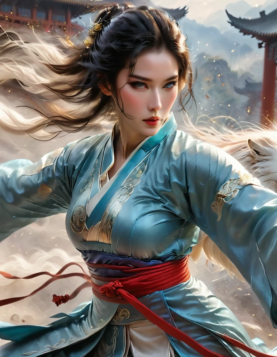 Motion Blur,Chinese Kongfu,Very detailed, high quality, masterpiece, fair, Motion trajectory, Motion trajectory, 1 girl, Solitary, whole body,