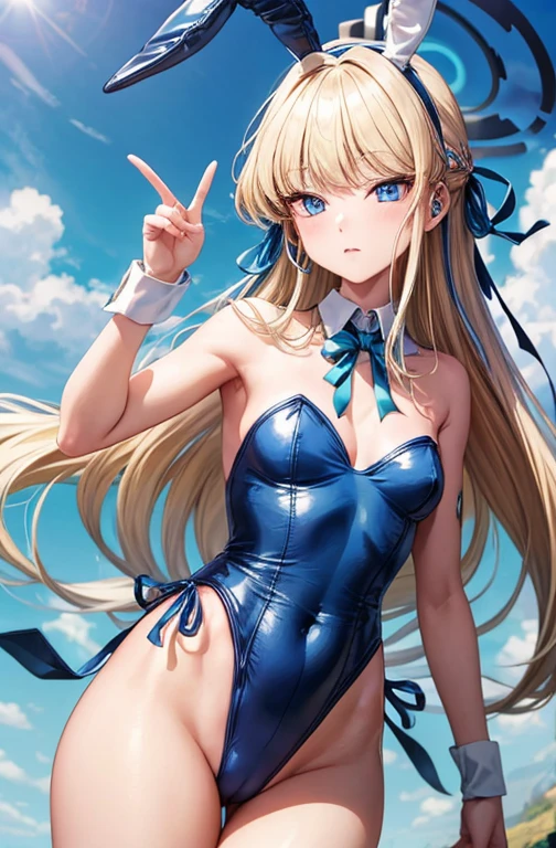 (masterpiece, highest quality:1.2), Cowboy Shot, alone, One girl, Toki Bunny, Playboy Bunny, Expressionless, Mouth closed, Long blonde hair, fake animal ears, blue eyes, Blue leotard, Blue ribbon