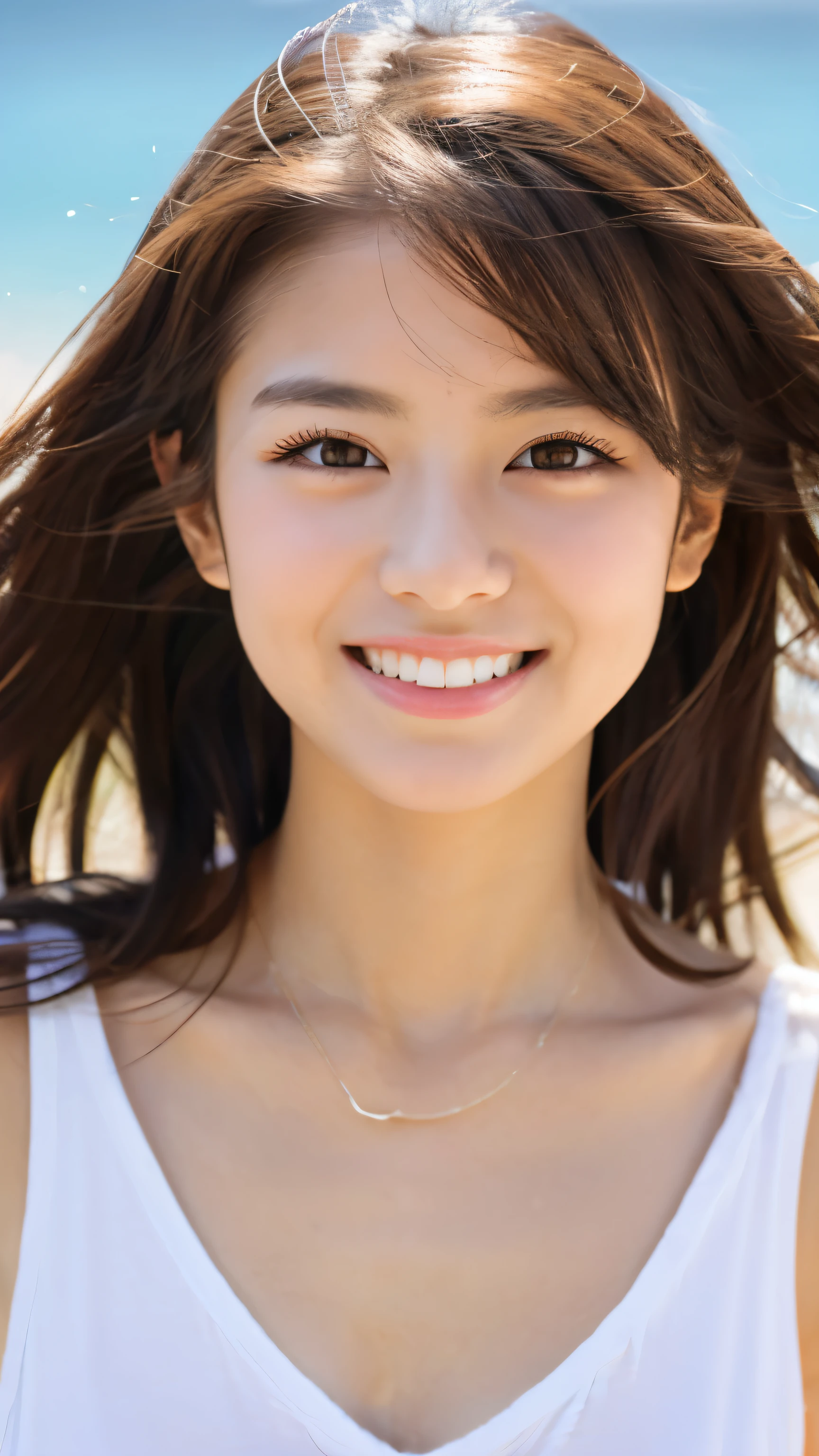 Masterpiece、high resolution、8k、high quality、Japanese、23 years old、girl、Brown Hair、short hair:1.2、Brown eyes、Droopy eyes、White skin、Fine skin、Cute Smile、Chest、tall、beach volleyball player、