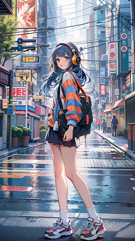 (masterpiece), (highest quality:1.4), (Ultra-high resolution:1.2), Highly detailed background, (unity 8k wallpaper), Cute high school girl wearing headphones walking through the streets of Tokyo。Illustrations inspired by city pop culture、、Wear loose socks for a stylish and nostalgic look、Display one subject without splitting the screen