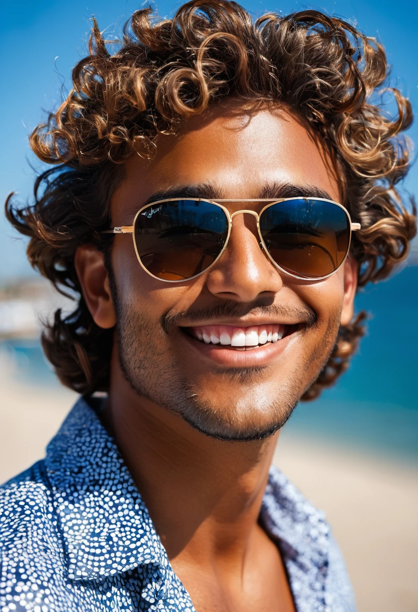 This guy looks amazing - dark tan, sparkling glance from under the eyebrows, who are always slightly raised in a smile. His thick hair curls easily, creating a restless image. On sunny days he wears cool sunglasses, adding extra chic to the look. His gaze is full of vital energy, and a smile is always ready to meet friends and support in any situation.