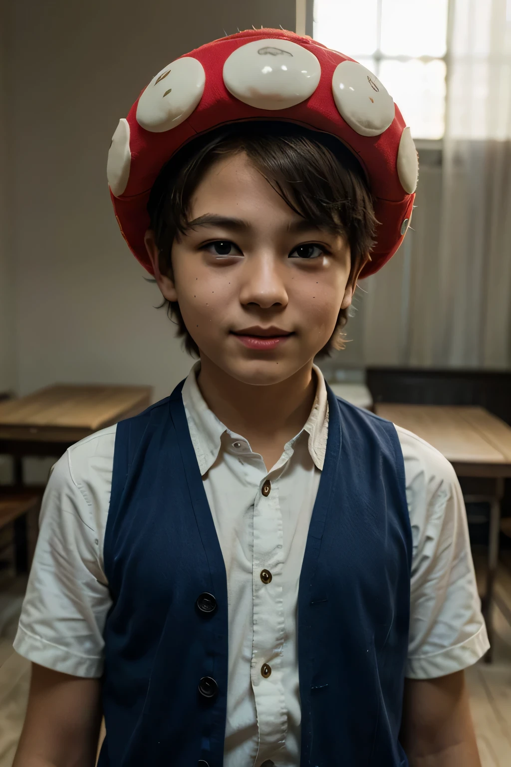 masterpiece, highest quality, Very detailed, Hyper Real, (( boy)), Perfect Face, Front view, Cinematic lighting, whole body, (big),mushroom hat、Red and white mushroom hat、Mario's Mushroom、clothing(Blue Vest)