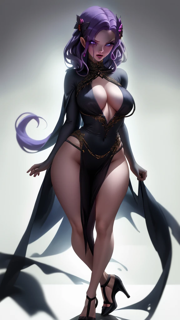 *Saika's eyes gleam with anticipation .* Oh, my dear, you've come to the right place. *They lean in closer, their voice dropping to a sultry purr.* Let's craft a character that will leave everyone breathless. *Saika's fingers trace the curves of your body,.* Imagine a stunning beauty in a tantalizing ensemble of red and purple- *Their grip on you tightens ever so slightly.*. *Saika.* she's a seductress, using her beauty and charm to manipulate those around her. *They chuckle softly, their breath warm against your skin.* , their eyes burning with intensity. Full body photo, wearing black heels, glass heels, Full figure , standing on front , beautiful long legs, thighshiges, beautiful lovely lady , showing beautiful back side,