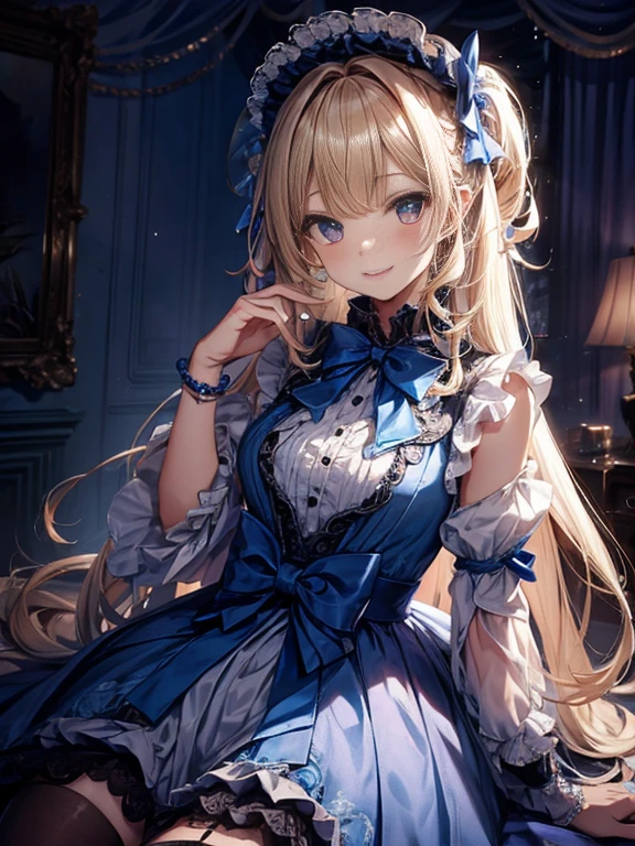prompt: 8K resolution, delicate features, , single, Unique pupils, A smiling smile, blonde, princess cut, Bow hair ornament, brooch, shiny candy blue dress, lolita style, gothic style, facing the viewer, Otaku Room, Female imps