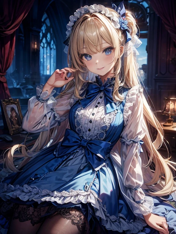 prompt: 8K resolution, delicate features, , single, Unique pupils, A smiling smile, blonde, princess cut, Bow hair ornament, brooch, shiny candy blue dress, ****ta style, gothic style, facing the viewer, Otaku Room, Female imps